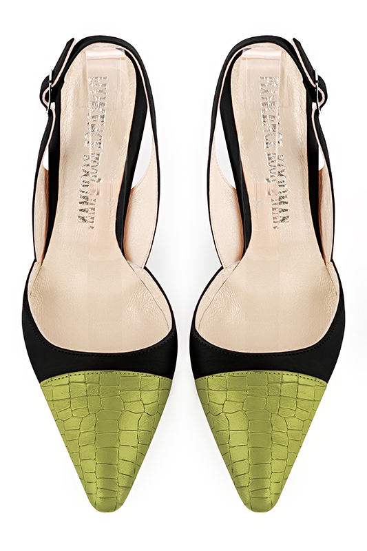 Pistachio green and satin black women's slingback shoes. Tapered toe. Very high spool heels. Top view - Florence KOOIJMAN